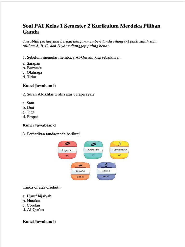 Soal PAI Kelas 1 Semester 2 Kurikulum Merdeka Pilihan Soal PAI Kelas 1