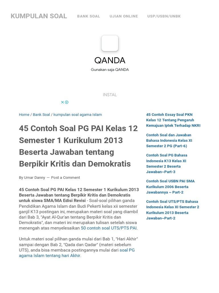 Menguasai Materi PAI Kelas XII Semester 1 Kumpulan Soal Pilihan Ganda
