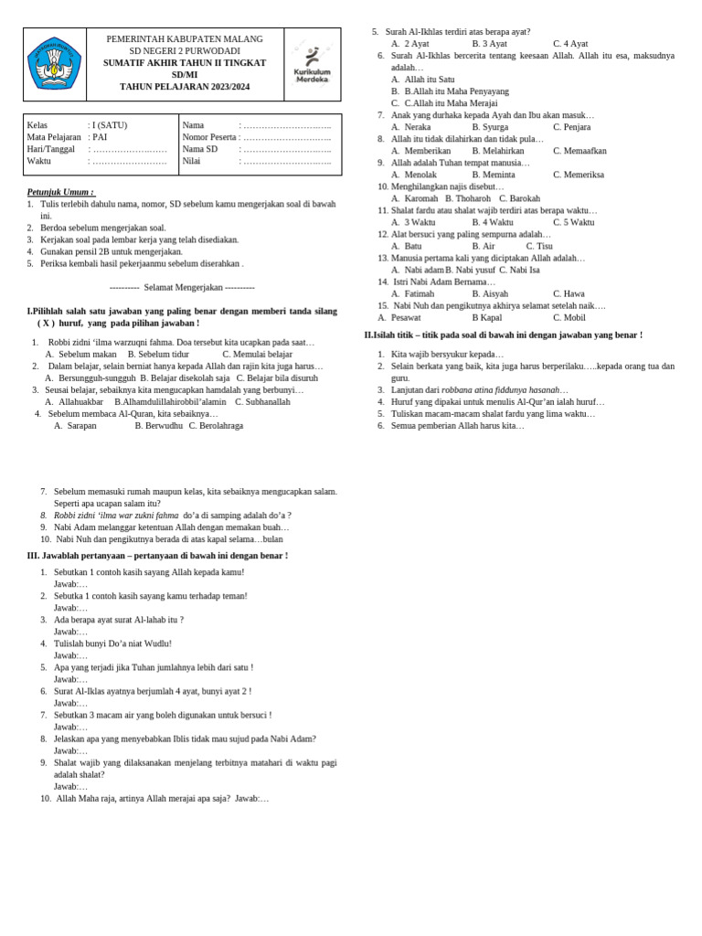 Soal PAI Kelas I SD Malang 2023 2024 PDF