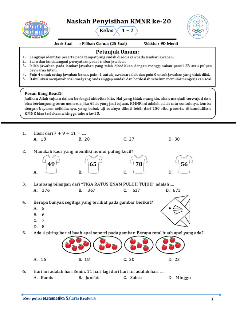 Soal Pilihan Ganda Kelas 1-2 KMNR PDF