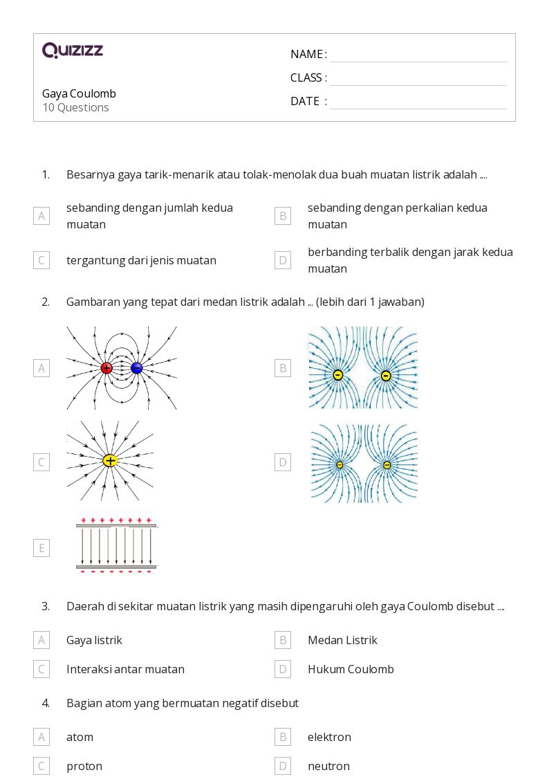 50 lembar kerja hukum coulomb dan gaya listrik untuk Kelas 11 di