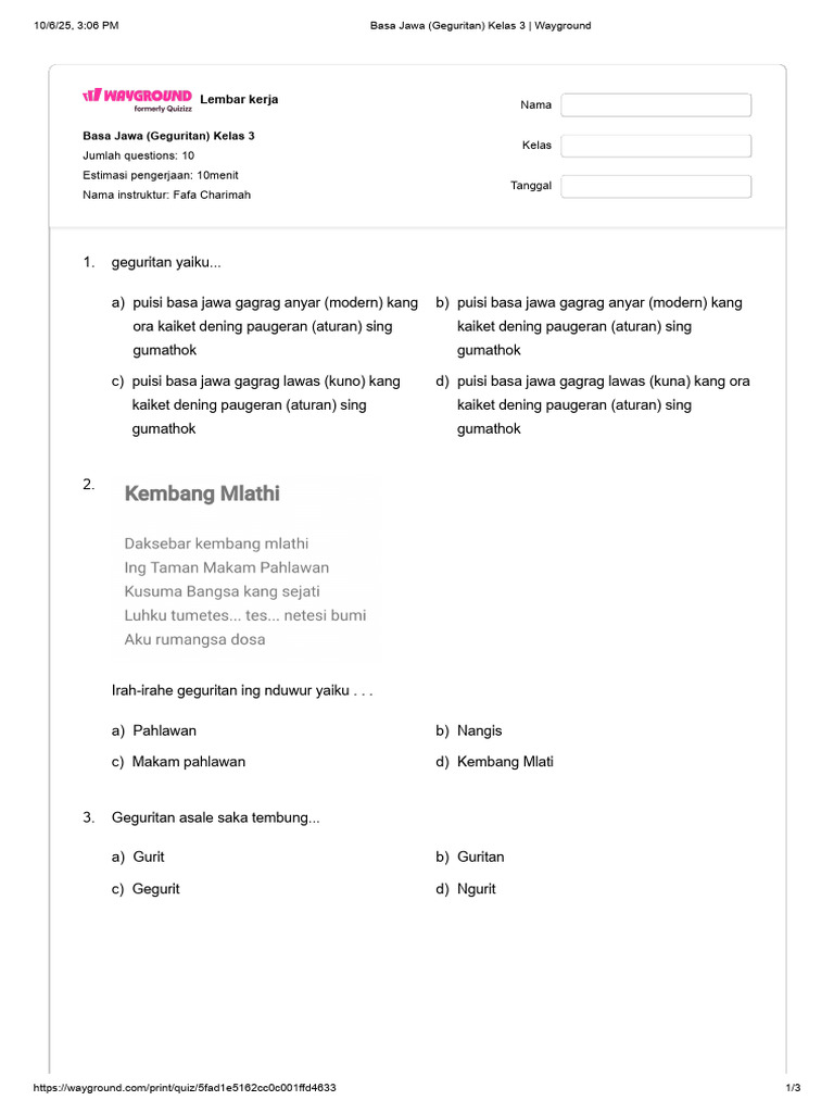Soal Geguritan Kelas 3 SD PDF