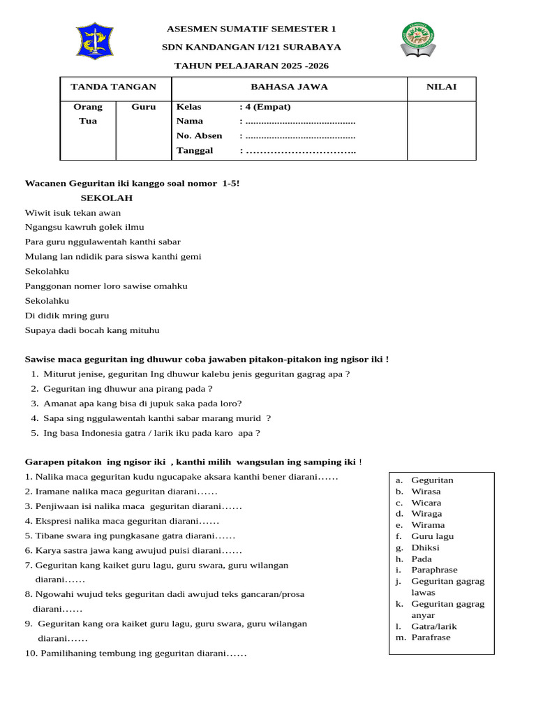 Soal Asesmen Geguritan Kelas 4 PDF