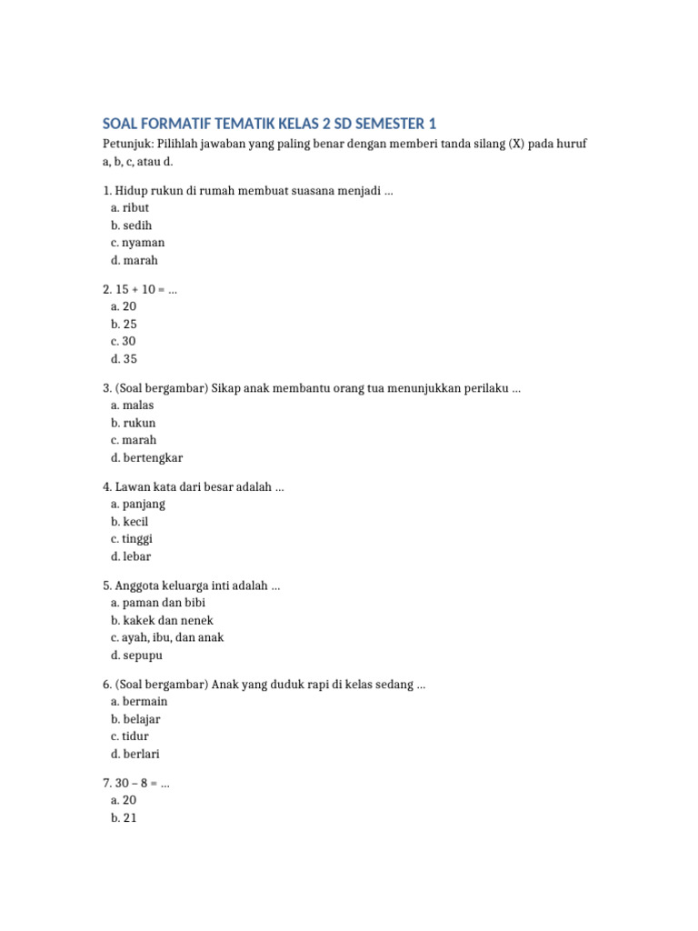 Soal Formatif Tematik Kelas 2 SD PDF
