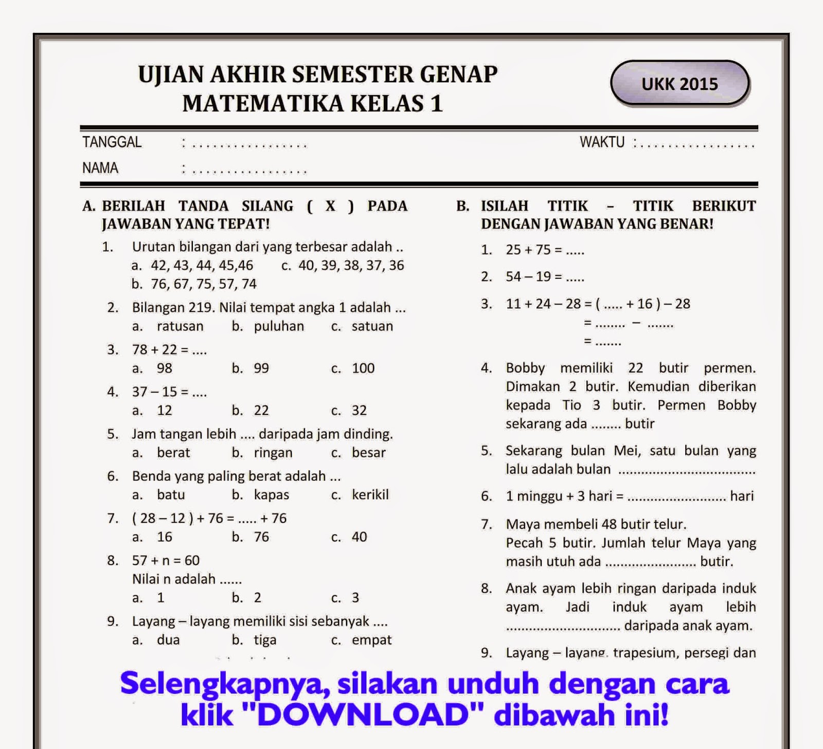 Ternyata Ini Dia 7 Contoh Soal Semester 2 Kelas 1 K 13 yang Wajib Dikuasai di Tahun 2026 Ternyata Ini Dia 7 Contoh Soal Semester 2 Kelas 1 K 13 yang Wajib Dikuasai di Tahun 2026
