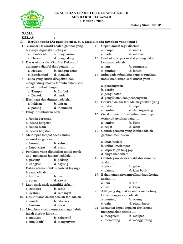 Soal Ujian SBDP Kelas III 2023 PDF Soal Ujian SBDP Kelas III 2023 PDF