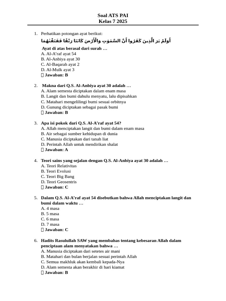 7 contoh soal pai kelas 7 pas semester 1 yang wajib tahu sebelum ujian akhir tahun 2026