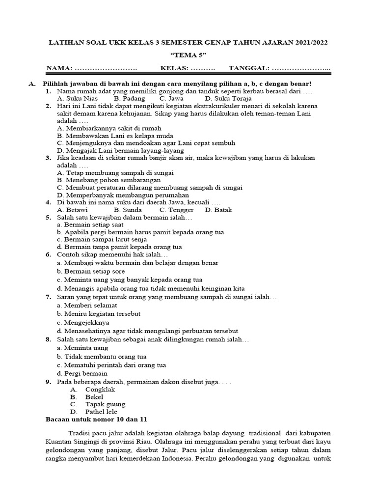 Latihan Soal UKK Kelas 3 Tema 5 PDF Latihan Soal UKK Kelas 3 Tema 5 PDF