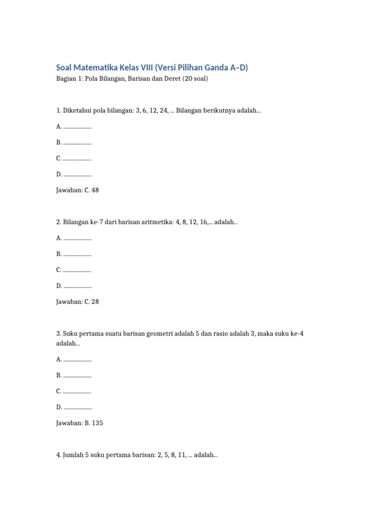 Soal Matematika Kelas VIII Pilihan Ganda PDF